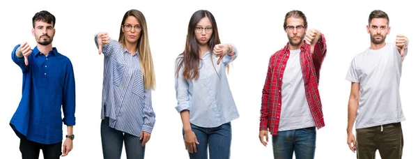 Collage Young People White Isolated Background Looking Unhappy Angry Showing — Stock Photo, Image