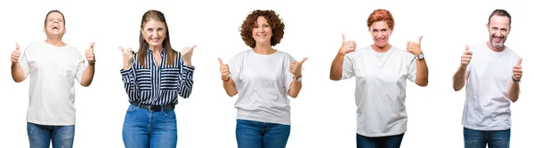 成群结队的老年人在孤立的背景成功标志上用手做积极的手势 竖起大拇指微笑和快乐 带着欢快的表情 获胜者的手势看着镜头 — 图库照片