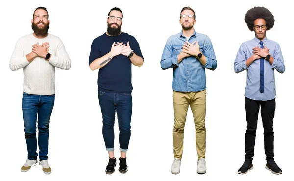 Collage Grupp Unga Män Över Vit Isolerade Bakgrund Leende Med — Stockfoto