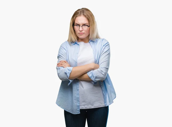 Mujer Negocios Caucásica Joven Con Gafas Sobre Fondo Aislado Escéptico —  Fotos de Stock