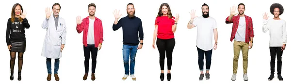 Collage Personas Sobre Fondo Blanco Aislado Mostrando Apuntando Hacia Arriba — Foto de Stock