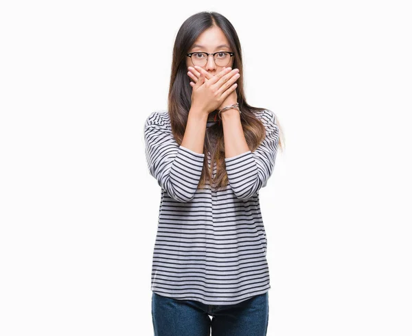 Üzerinde Gözlük Takan Genç Asyalı Kadın Arka Plan Ağız Hata — Stok fotoğraf