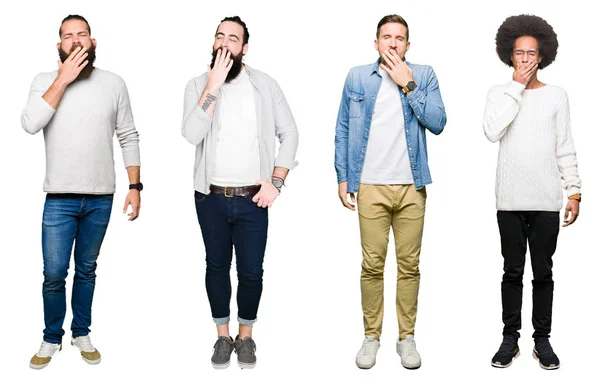 Collage Grupp Unga Män Över Vit Isolerade Bakgrund Uttråkad Gäspningar — Stockfoto