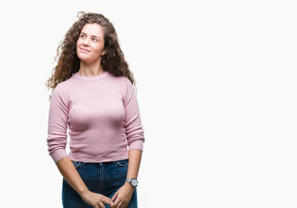 Beautiful Brunette Curly Hair Young Girl Wearing Pink Sweater Isolated — Stock Photo, Image