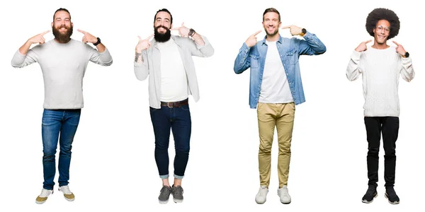 Colagem Grupo Homens Jovens Sobre Fundo Isolado Branco Sorrindo Confiante — Fotografia de Stock