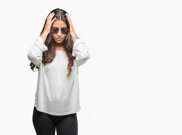 Young Beautiful Arab Woman Wearing Sunglasses Isolated Background Suffering Headache — Stock Photo, Image