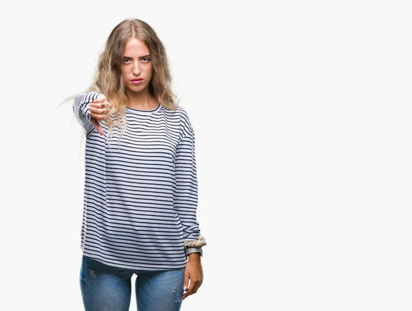 Beautiful Young Blonde Woman Wearing Stripes Sweater Isolated Background Looking — Stock Photo, Image