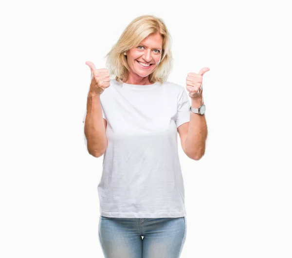 Middle Age Blonde Woman Isolated Background Success Sign Doing Positive — Stock Photo, Image