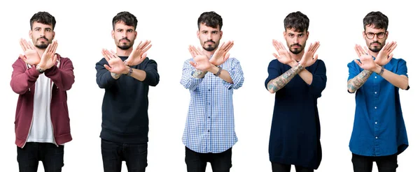 Колаж Молодої Людини Над Ізольованим Тлом Вираз Відмови Перетинаючи Руки — стокове фото