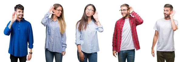 Collage Jóvenes Sobre Fondo Blanco Aislado Sonriendo Con Mano Sobre —  Fotos de Stock