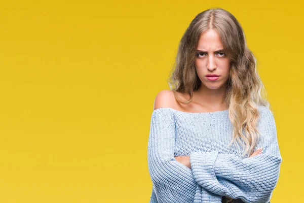 Linda Jovem Loira Vestindo Camisola Inverno Sobre Fundo Isolado Cético — Fotografia de Stock