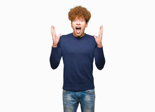 Young Handsome Man Afro Hair Celebrating Crazy Amazed Success Arms — Stock Photo, Image