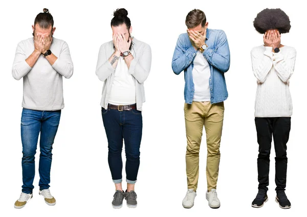 Collage Grupo Hombres Jóvenes Sobre Fondo Blanco Aislado Con Expresión —  Fotos de Stock