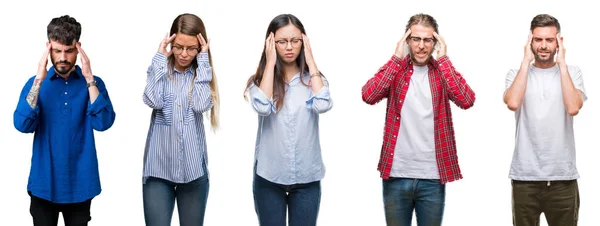 Collage Jeunes Sur Fond Blanc Isolé Avec Main Sur Tête — Photo