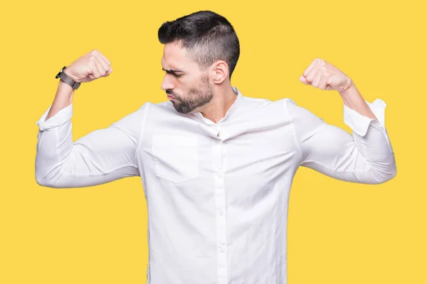 Giovane Uomo Affari Sfondo Isolato Mostrando Muscoli Delle Braccia Sorridenti — Foto Stock