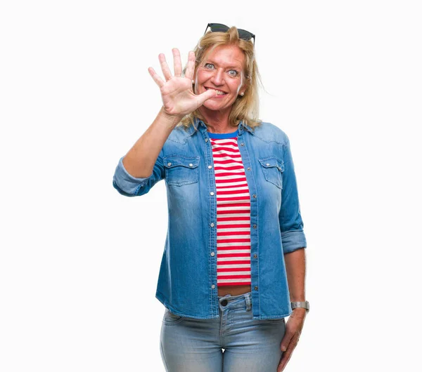 Middle Age Blonde Woman Isolated Background Showing Pointing Fingers Number — Stock Photo, Image