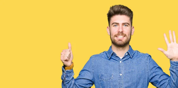 Young Handsome Blond Man Wearing Casual Denim Shirt Showing Pointing — Stock Photo, Image