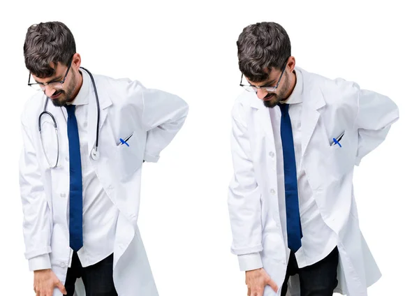 Collage Unga Läkare Man Klädd Medicinsk Coat Lidande Ryggvärk Röra — Stockfoto
