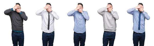 Collage Handsome Business Man White Isolated Background Covering Eyes Mouth — ストック写真