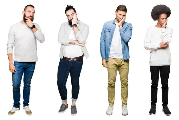 Collage Groupe Jeunes Hommes Sur Fond Blanc Isolé Pensant Fatigué — Photo