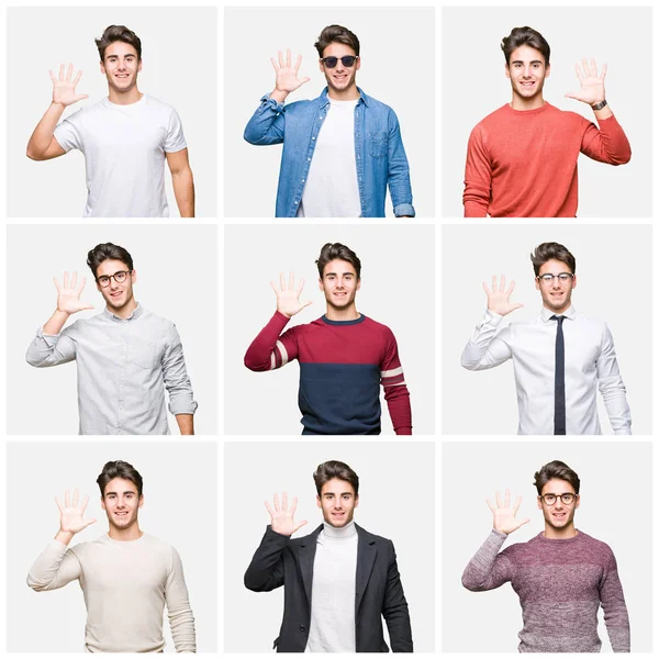 Collage Young Handsome Business Man Isolated Background Showing Pointing Fingers — Stock Photo, Image