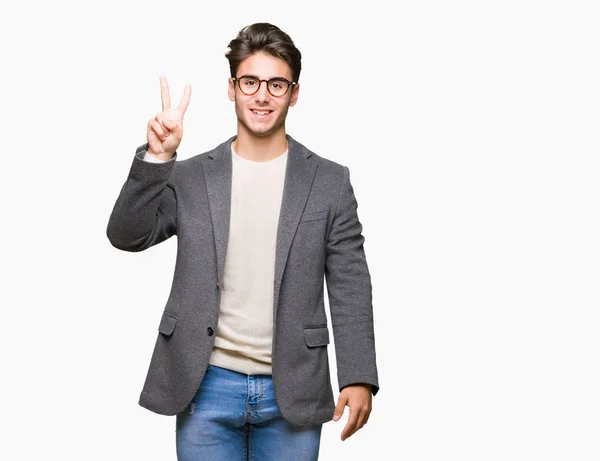 Jovem Homem Negócios Usando Óculos Sobre Fundo Isolado Mostrando Apontando — Fotografia de Stock