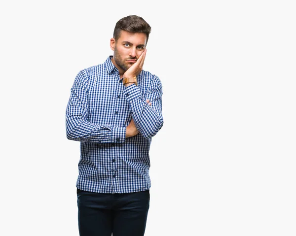 Joven Hombre Guapo Sobre Fondo Aislado Pensando Que Cansado Aburrido — Foto de Stock