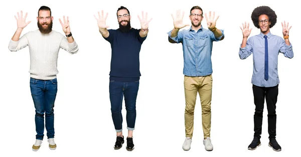 Collage Van Groep Jonge Mannen Witte Geïsoleerde Achtergrond Weergeven Met — Stockfoto