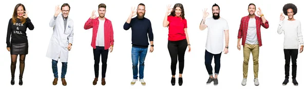 Collage Persone Sfondo Bianco Isolato Sorridente Positivo Facendo Segno Con — Foto Stock