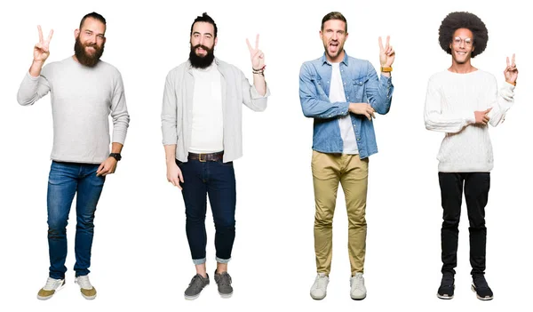 Collage Group Young Men White Isolated Background Smiling Happy Face — Stock Photo, Image