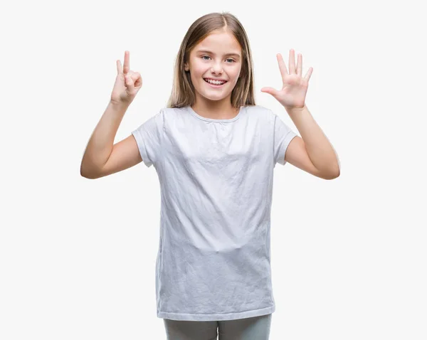 Young Beautiful Girl Isolated Background Showing Pointing Fingers Number Seven — Stock Photo, Image