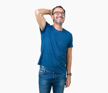 Çekici poz arka plan Gülen hareketi, el emin dokunaklı saç üzerinde gözlük nedir yakışıklı orta yaş ağarmış komuta sizde izole