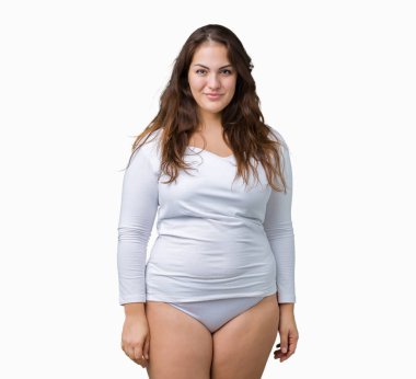 Artı boyutu genç overwight kadın güzel üzerinde beyaz iç çamaşırı giyiyor arka yüzünde mutlu ve güzel bir gülümseme ile izole. Şanslı kişi.