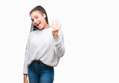 Young braided hair african american girl wearing winter sweater over isolated background showing and pointing up with fingers number four while smiling confident and happy.