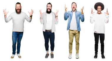 Kolaj bir grup genç adam kızgın ve silah ile başarı için deli kutluyor beyaz izole arka plan üzerinde kaldırdı ve heyecanlı çığlık gözler kapalı. Kazanan kavramı