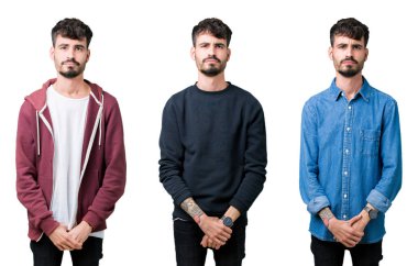 Kolaj izole arka plan üzerinde genç adam bir depresif ve kızgın ve korkmuş ağlıyor sıkıntı için endişeleniyorum. Üzgün ifade.