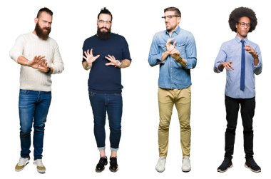 Kolaj bir grup beyaz izole arka plan üzerinde genç adam tiksinti ifadesi, memnun ve korkulu tiksinti yüz yapıyorsun çünkü nefret tepki. Elleriyle kaldırdı. Sinir bozucu kavramı.