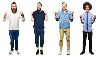 Kolaj bir grup beyaz izole arka plan kutlama üzerinde genç adam şaşırttı ve başarı için kaldırdı kollarını açarak hayret ve gözleri açık. Kazanan kavramı.