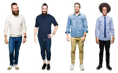 Grup Genç seksi bir ifadeyle, neşeli ve mutlu yüzünü kameraya bakarak göz kırpıyor beyaz izole arka plan üzerine kolaj.