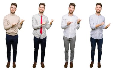 Yakışıklı genç iş adamı izole beyaz üzerine kolaj emin gülümseyen işaretleme arkasından el ve başparmak yukarıya, için arka plan