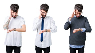 Kolaj gencin izole arka plan üzerinde seyretmek zaman endişeli, geç korkuyor arıyorsunuz