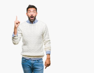 Başarılı fikirle izole arka plan işaret parmağı üzerinde kış kazak giyen yetişkin İspanyol adam. Çıktıktan ve mutlu. Bir numara.