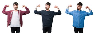 Kol kasları gururlu gülümseyen gösterilen izole arka plan üzerinde genç adam kolaj. Fitness kavramı.