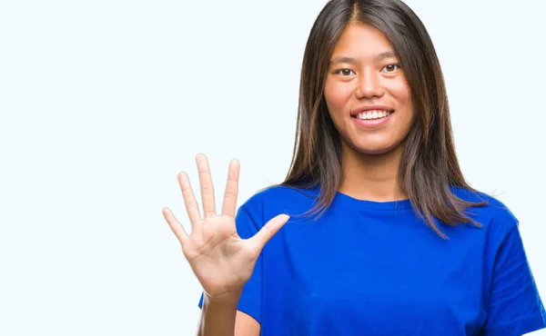 Jonge Aziatische Vrouw Geïsoleerde Achtergrond Weergeven Met Vingers Omhoog Nummer — Stockfoto