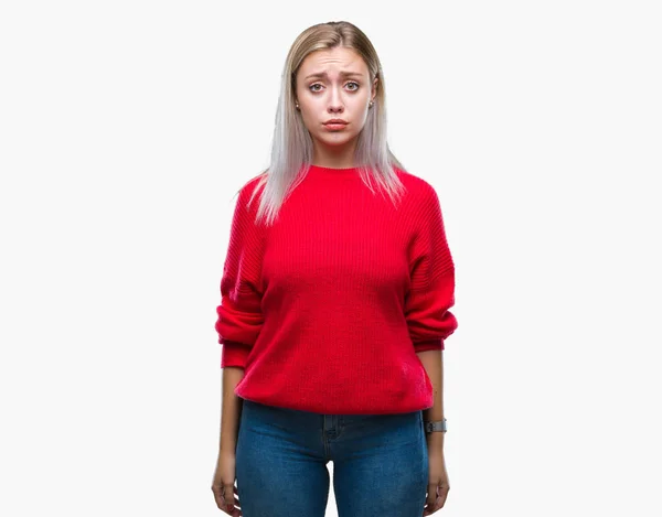 Unga Blonda Kvinnan Bär Vinter Tröja Över Isolerade Bakgrund Deprimerad — Stockfoto