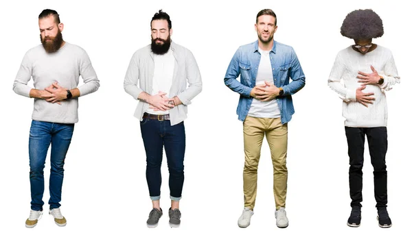 Collage Grupp Unga Män Över Vita Isolerade Bakgrund Med Handen — Stockfoto