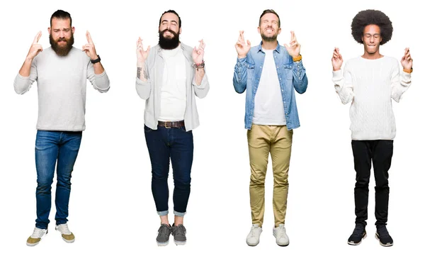 Collage Grupo Jóvenes Sobre Fondo Blanco Aislado Sonriendo Cruzando Los — Foto de Stock