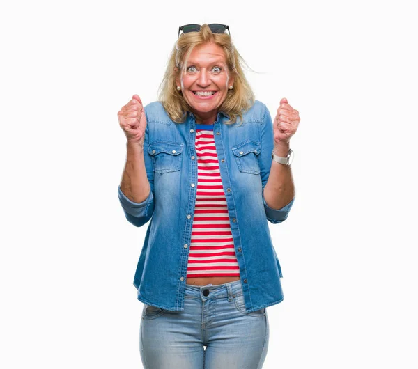 Middle Age Blonde Woman Isolated Background Excited Success Arms Raised — Stock Photo, Image