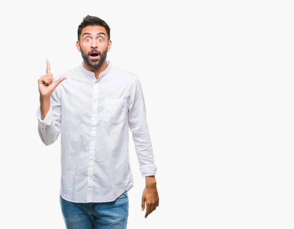 Vuxen Spansktalande Man Över Isolerade Bakgrund Pekar Finger Med Lyckad — Stockfoto