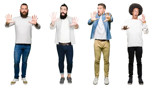 Collage Van Groep Jonge Mannen Witte Geïsoleerde Achtergrond Bang Doodsbang — Stockfoto